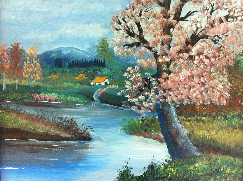 landscape painted by saad kilo, oil painting, cottage, nature, river, spring, trees, lake, landscape, HD wallpaper