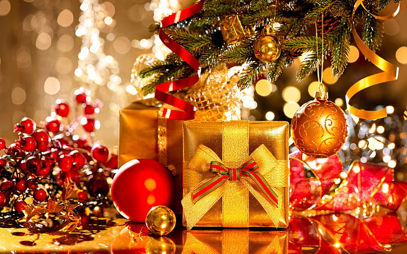 Christmas gifts, evening, lights, New Year, Christmas, golden gift box, golden silk bow, HD wallpaper