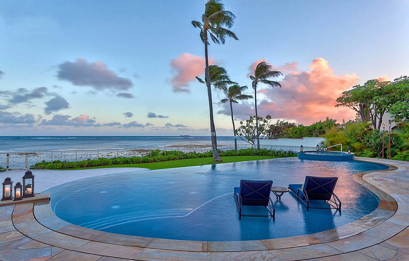 Beautiful Sunset by Swimming Pool Maui Island Hawaii, polynesia, sun, dusk, sunset, twilight, sea, beach, loungers, sand, chairs, maui, evening, swimming, exotic, islands, ocean, hawaii, pool, set, paradise, island, tropical, HD wallpaper
