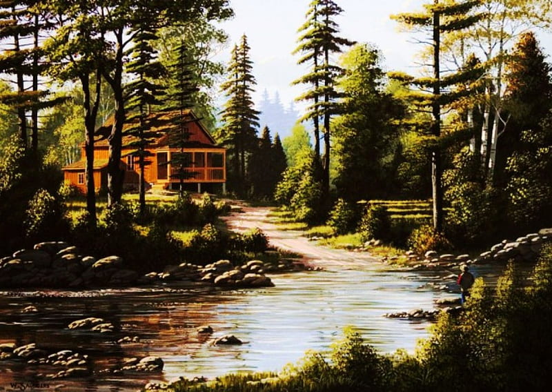 Forest Cottage, house, creek, trees, artwork, firs, HD wallpaper | Peakpx