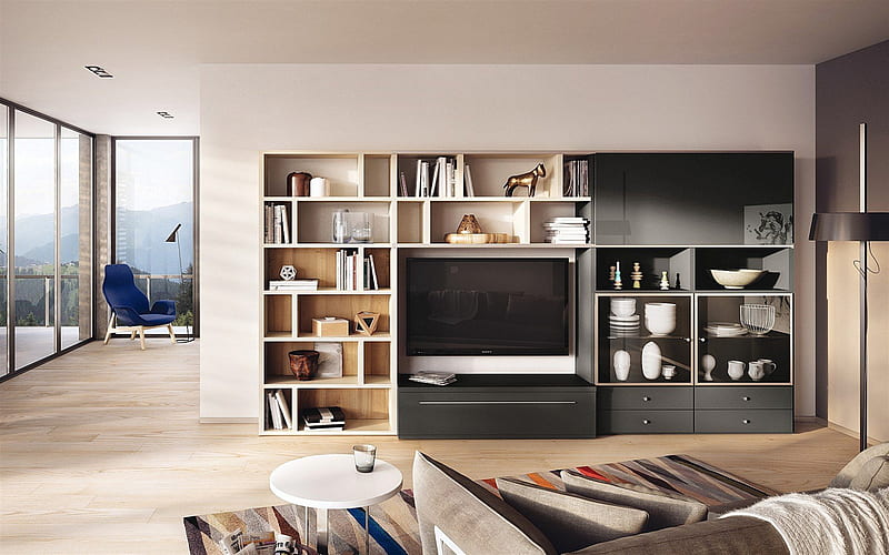 living room, stylish interior, modern interior design, light wooden background, black living room furniture, HD wallpaper