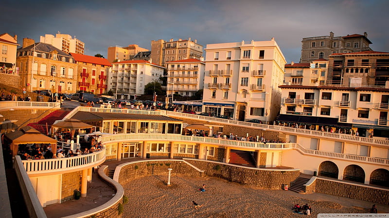 the famous biarritz sunset in spain, beach, sunset, city, restaurant, HD wallpaper