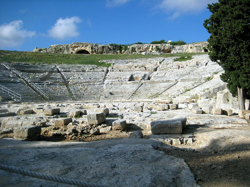 Greek theatre in Taormina, Sicily (500 b.C), architecture, arena, greek, ancient, white, theatre, sky, blue, HD wallpaper