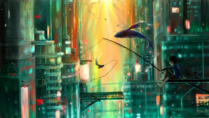 Sci Fi, City, Fishing, Boy, Futuristic, Whale, HD wallpaper