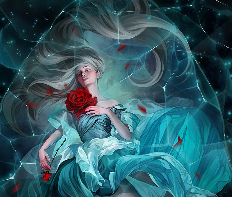 Sleeping beauty, svetlana tigai, red, sleep, luminos, girl, rose ...