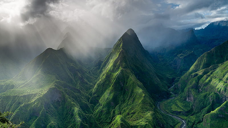 reunion island, mountains, clouds, graphy, island, valley, sun rays, nature, landscape, HD wallpaper