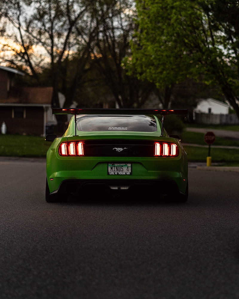 ford mustang, car, green, rear view, HD phone wallpaper