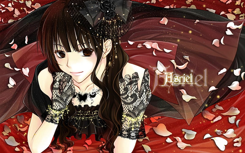 Asriel, art, pretty, girl, gothic, petals, orginal, long hair, HD wallpaper