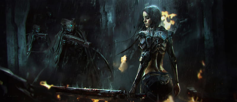 Girl In Rain Cyberpunk, artist, artwork, artstation, fantasy-girls, HD wallpaper