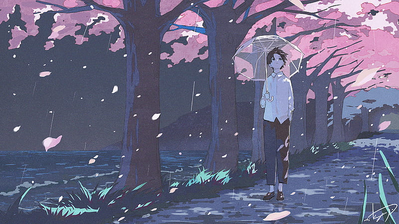 Anime, Boy, Umbrella , Tree-Lined, HD wallpaper