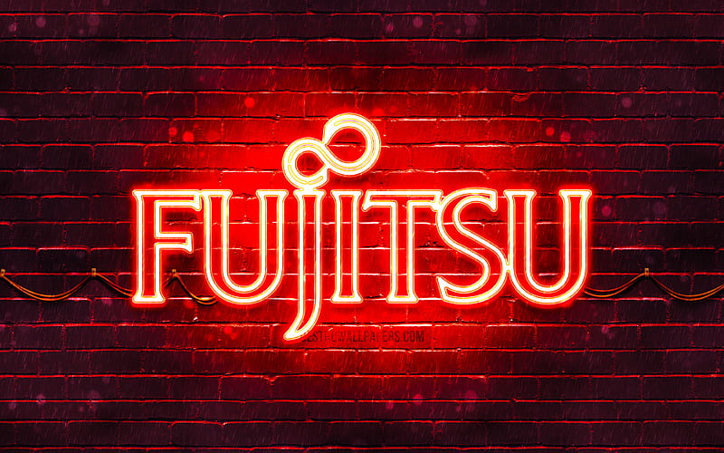 Fujitsu red logo red brickwall, Fujitsu logo, brands, Fujitsu neon logo, Fujitsu, HD wallpaper