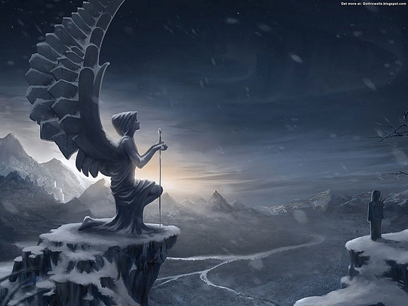 Gothic Winter, statue, gothic, snow, angel, snowfall, winter, HD wallpaper