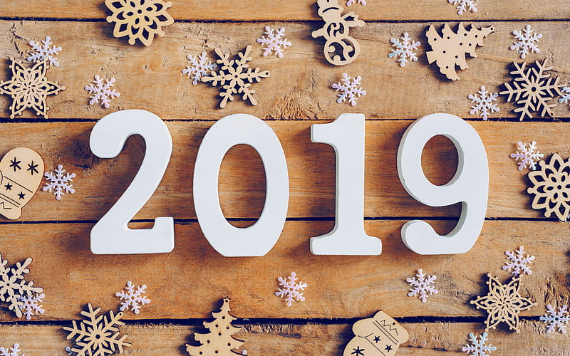 2019 year, snowflakes, creative, 2019 concepts, wooden background, Happy New Year 2019, white digits, HD wallpaper