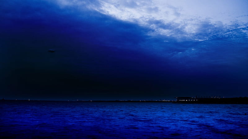 Dark-blue sky, water, dark, sky, sea, blue, HD wallpaper