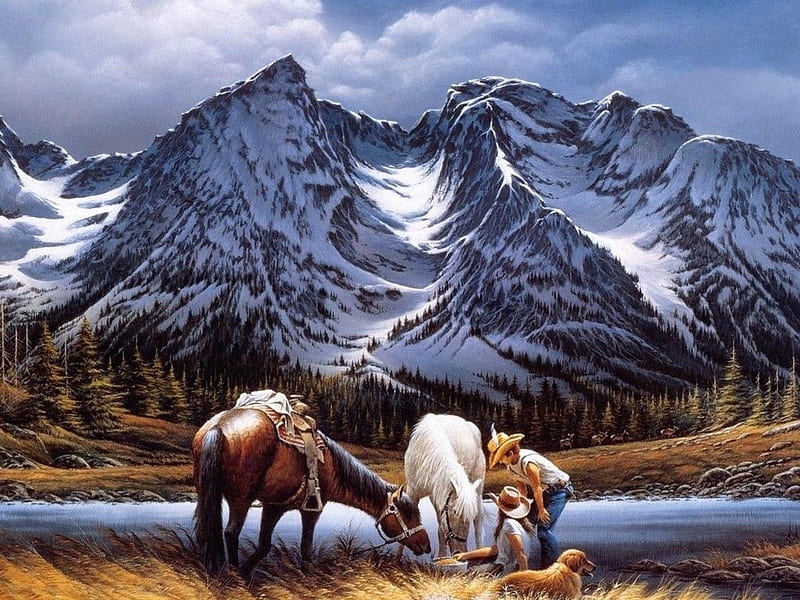 Cowboy and Cowgirl Watering the Horses, Snow, Cowboy, Cowgirl, Forest, River Bank, Water, Landscape, Mountains, Trees, Horse, Dog, Rocks, HD wallpaper