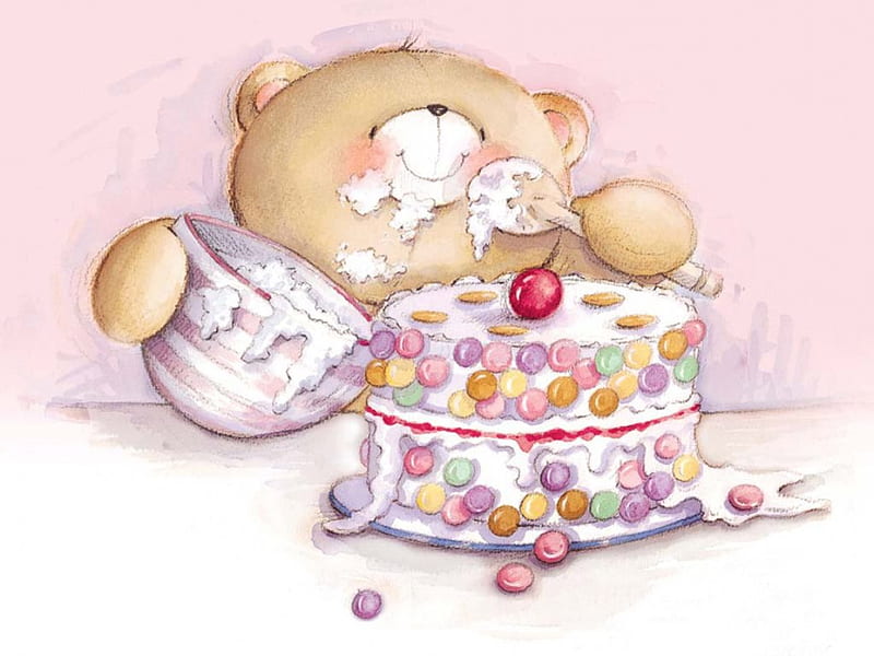 Icing The Cake, cake, food, teddy, bear, icing, wooden spoon, abstract, cartoon, cute, cool, entertainment, baby bear, teddy bear, bowl, animals, HD wallpaper