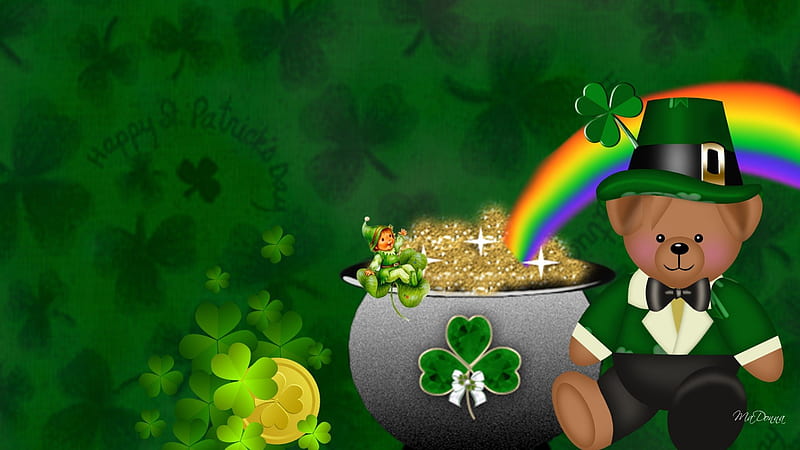 Irish Teddy Bear, Ireland, rainbow, pot of gold, shamrock, sweet, March, St Patricks Day, green, lucky, gold coins, holiday, stuffed animal, Irish, Saint Patrick, soft, top hat, cute, whimsical, clover, luck, teddy bear, HD wallpaper
