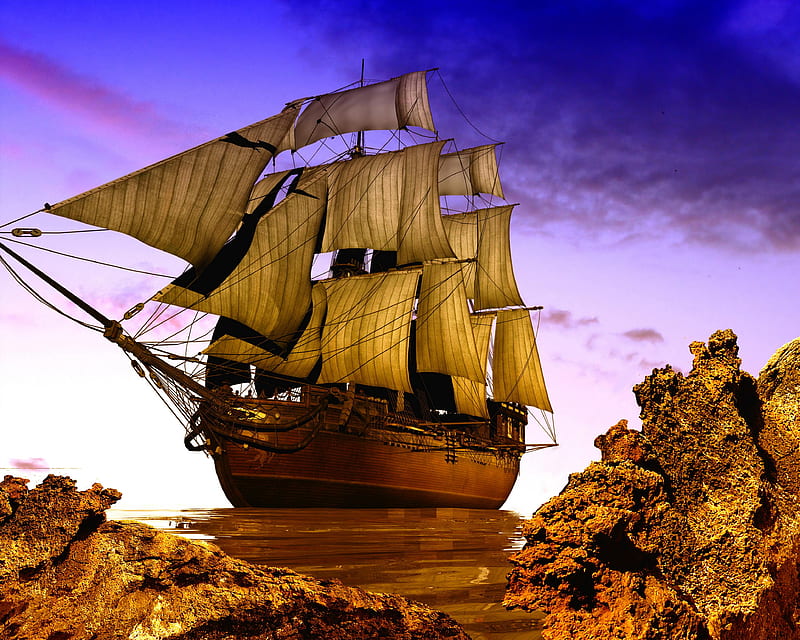 Sailing Ship, cargo, cliff, gold, mountain, navy, old ship, stone, sunset, HD wallpaper