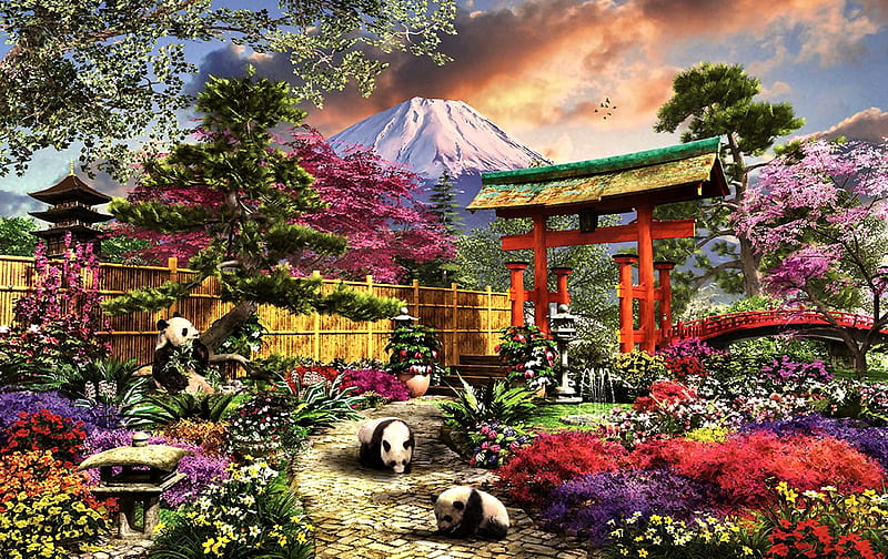 Fuji Flora F1C, art, japan, bonito, illustration, artwork, pandas, painting, wide screen, flowers, garden, landscape, Mount Fuji, HD wallpaper