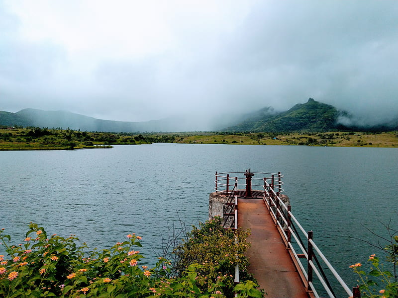 Lake, beauty, dam, fog, mountain, nature, rainy, road, village, water, HD wallpaper