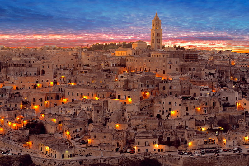 Matera, Italy at Sunset, sunset, city, ancient, italy, HD wallpaper