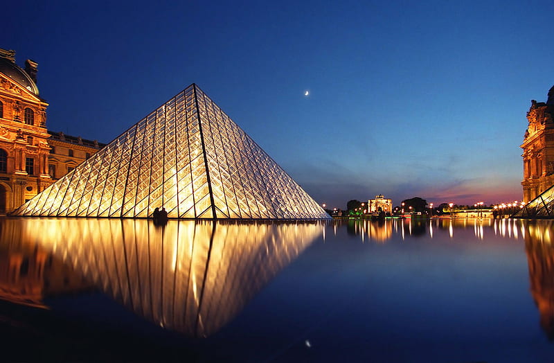 Louvre Pyramid, architecture, museum, monuments, paris, bonito, pool, lights, france, pyramid, louvre, reflection, night, HD wallpaper