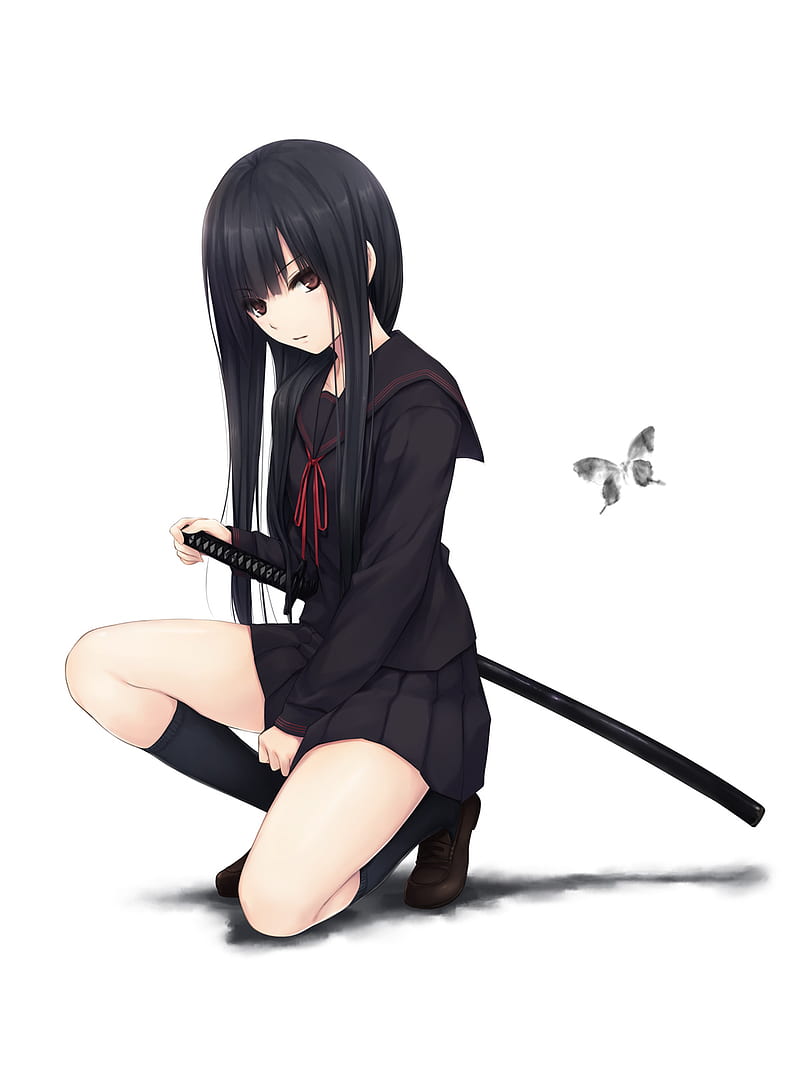 dark hair, long hair, school uniform, Coffee-Kizoku, brown eyes, sword, katana, anime girls, HD phone wallpaper