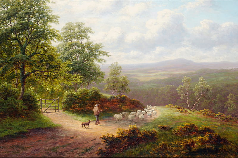 The Shepherd, hills, gate, man, trees, sky, clouds, sheep, road, dog, HD wallpaper