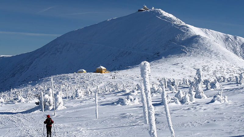 mt. snezka highest point in poland, mountain, skier, observatory, winter, HD wallpaper