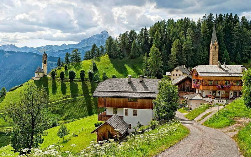 Alto Adige, South Tirol, Italy, Italy, mountains, buildings, road, trees, HD wallpaper