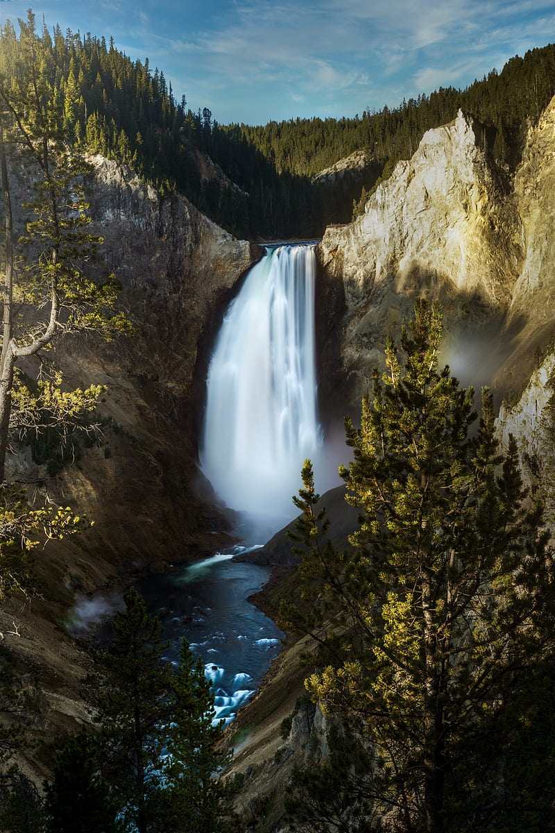 waterfall, cliff, forest, rock, water, HD phone wallpaper