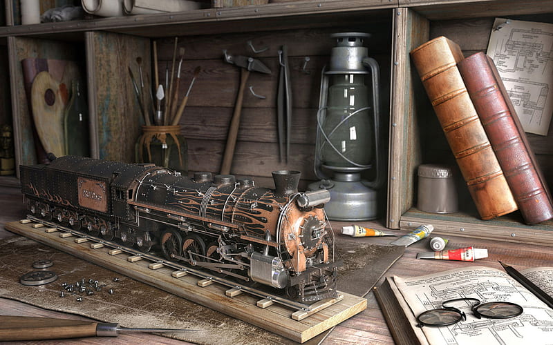 Prototype, brushes, paint, books, trains, glasses, craftsman, crafts, abstract, hobbies, graphy, work bench, tools, HD wallpaper