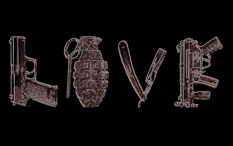 L.O.V.E, death, pistol, grenade, black, knife, guns, nice, cool, gun, love, awesome, weapon, HD wallpaper