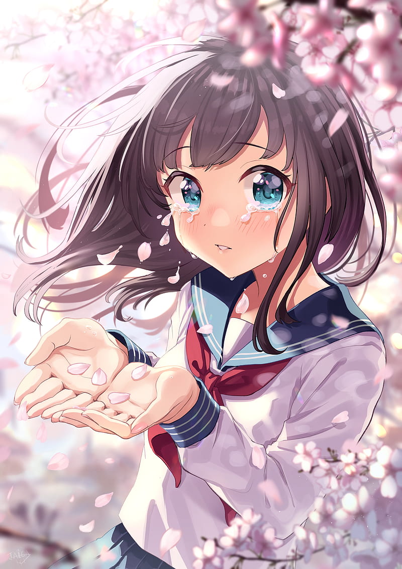 anime girl, crying, tears, sakura blossom, loli, school uniform, Anime, HD phone wallpaper