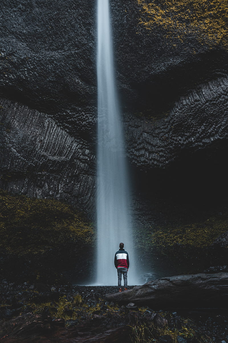 waterfall, man, water, rock, stones, HD phone wallpaper
