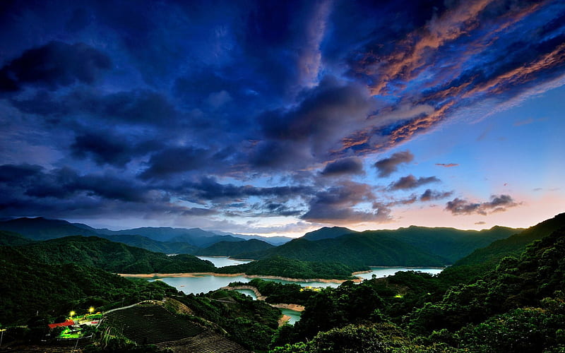 mountain lakes in taipei taiwan, forest, sundown, lakes, mountains, clouds, HD wallpaper