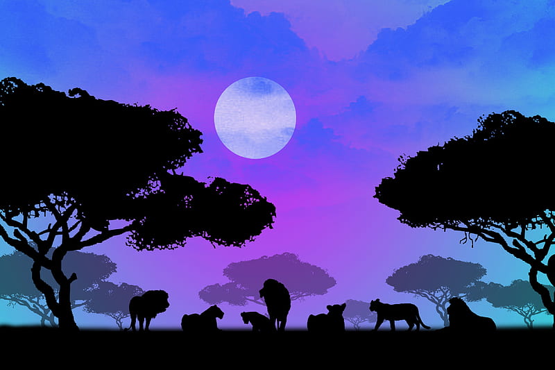 Lion family, animal, dark, evening, landscape, many lion, moon, moonlight, natural, night, purple, HD wallpaper