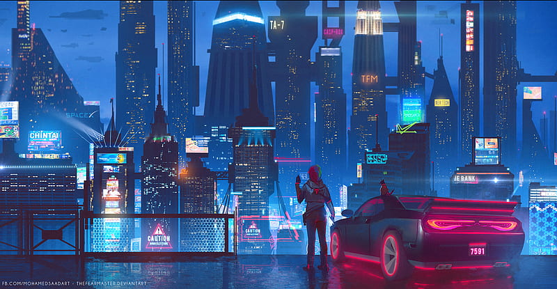 Cybeprunk City Science Fiction Car Ride Night Glow, cyberpunk, city, artist, artwork, digital-art, HD wallpaper