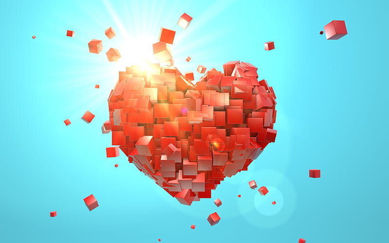 heart, cubes broken heart, 3d heart, creative, Valentine Day, HD wallpaper