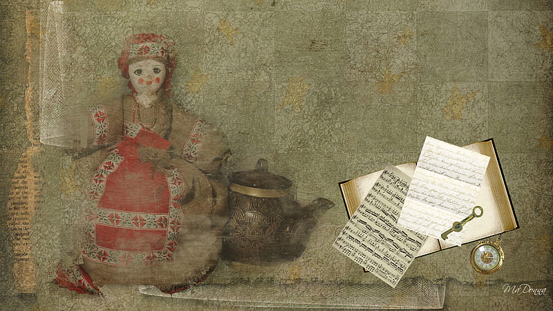 Attic Treasures, music, book, doll, old, person, antique, tea pot, gold pocket watch, letter, HD wallpaper