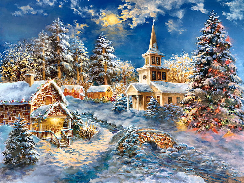 Happy Spirits F1, Christmas, art, cottage, holiday, December, bonito, cabin, church, illustration, artwork, painting, wide screen, occasion, scenery, HD wallpaper