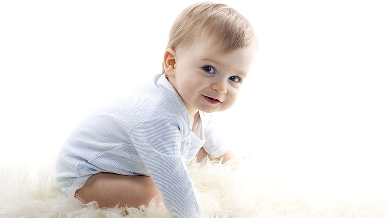Cute Smiley Baby Boy Is Sitting Down On White Woolen Floor Carpet Posing For A Wearing White Dress Cute, HD wallpaper