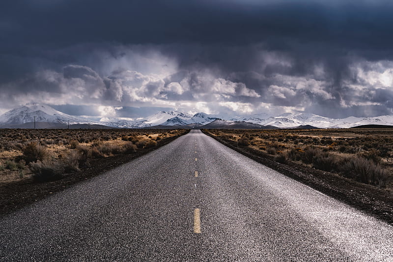 road, marking, distance, mountains, clouds, HD wallpaper