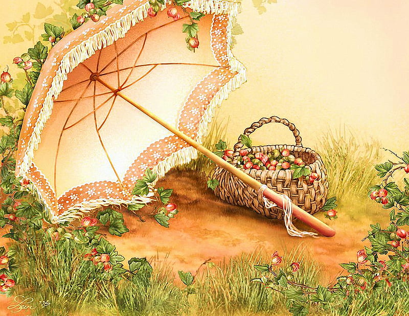 Gooseberry Gathering, umbrella, leaves, berries, basket, painting, HD wallpaper