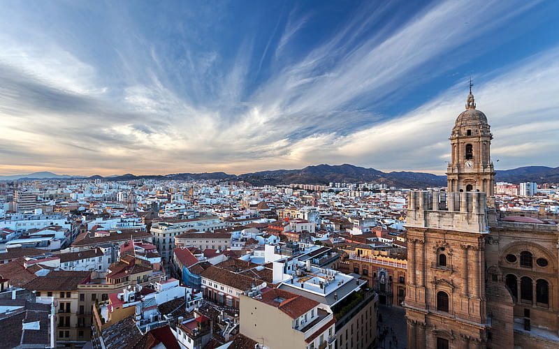 Malaga, morning, sunrise, summer, urban panorama, houses, Spain, HD wallpaper