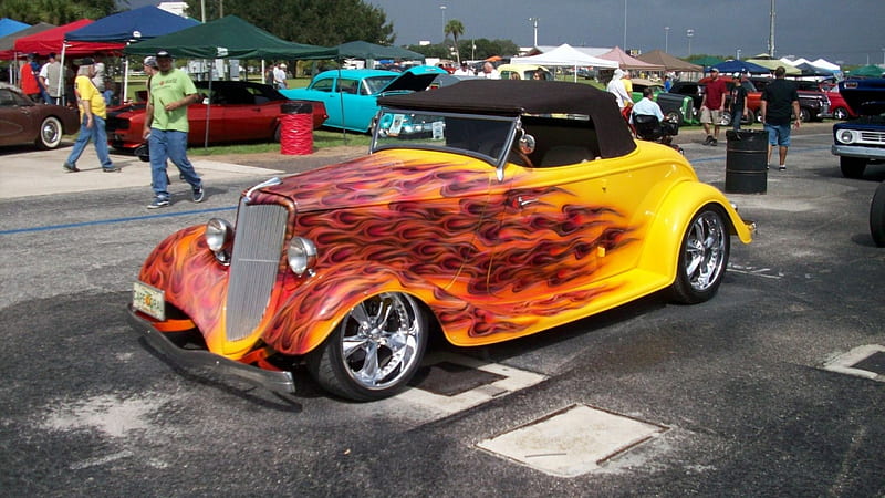 Ford Flame Hotrod, Classic, Conv, Yellow, Flames, HD wallpaper | Peakpx