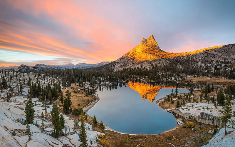 sunset, mountain, lake, mountain lake, Yosemite, California, USA, HD wallpaper