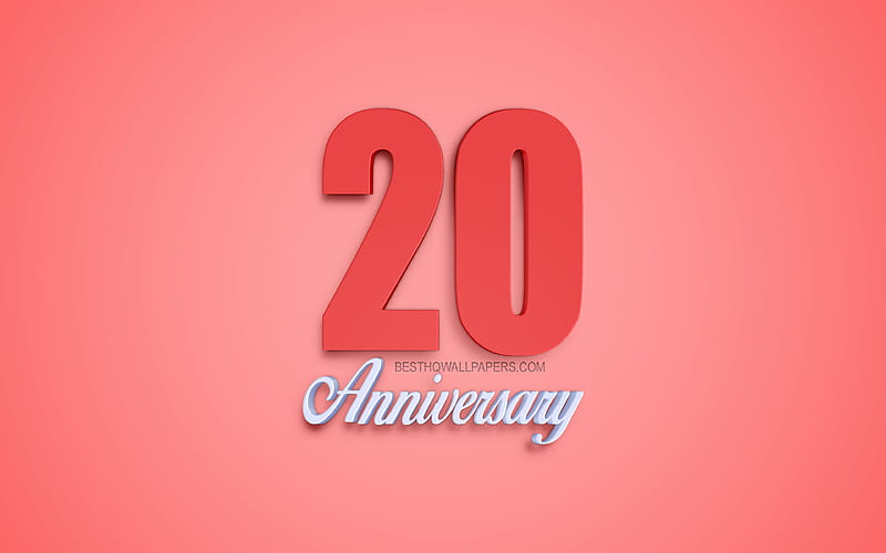 20th Anniversary sign, 3d anniversary symbols, red 3d digits, 20th Anniversary, red background, 3d creative art, 20 Years Anniversary, HD wallpaper