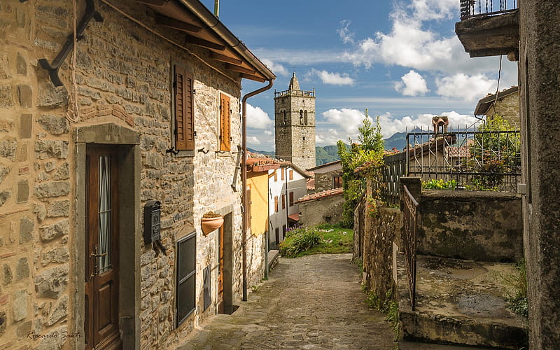 Corfino, Tuscany, Italy, village, old, Italy, houses, street, HD wallpaper