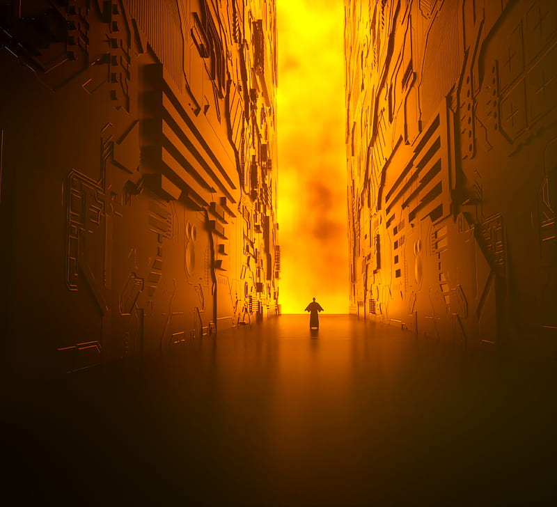 corridor, silhouette, glow, fire, light, walls, HD wallpaper